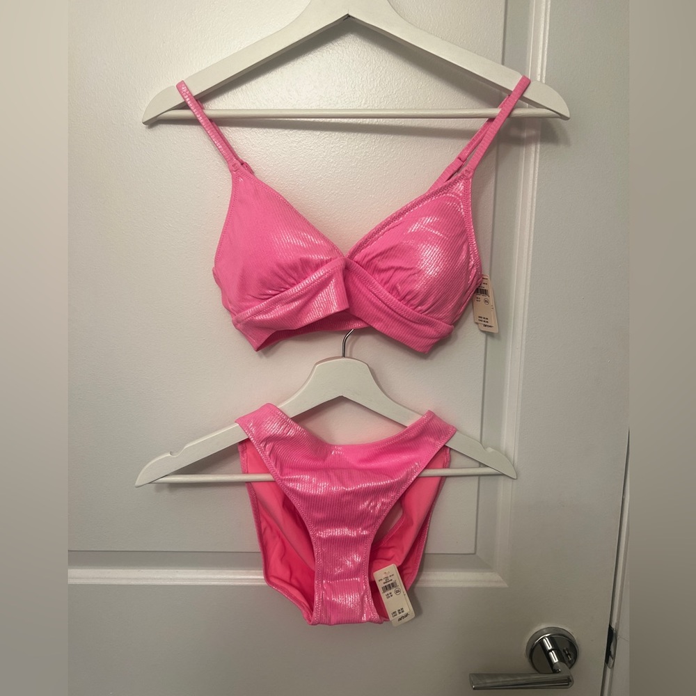 aerie Shimmer Ribbed Bikini Set in Bright Pink